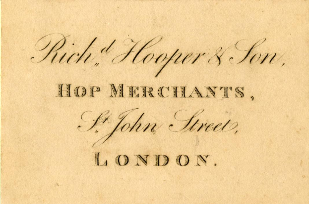 Geschäftskarte für Rich, Hooper & Son, Hopfenhändler, located on St John Street, London.